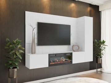 Bernice Tv-väggskåp 220 cm Elkamin med Värmefunktion och LED-belysning - vit - Möbler - Tv möbel & mediamöbel - TV-möbelset