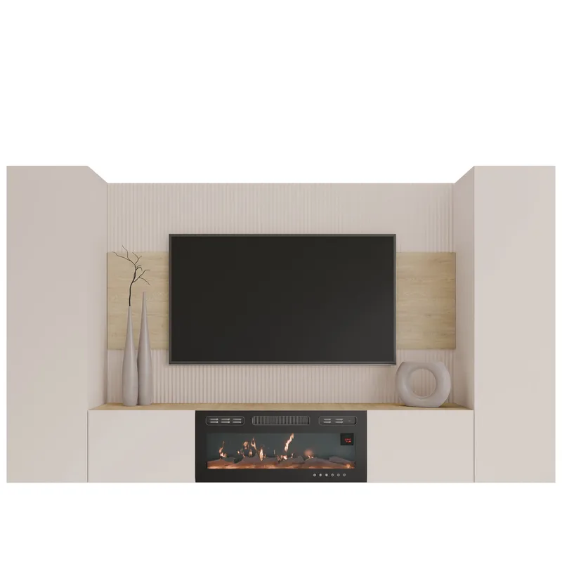 Bernice Tv-väggskåp 260 cm Elkamin med Värmefunktion och LED-belysning, beige, brun
