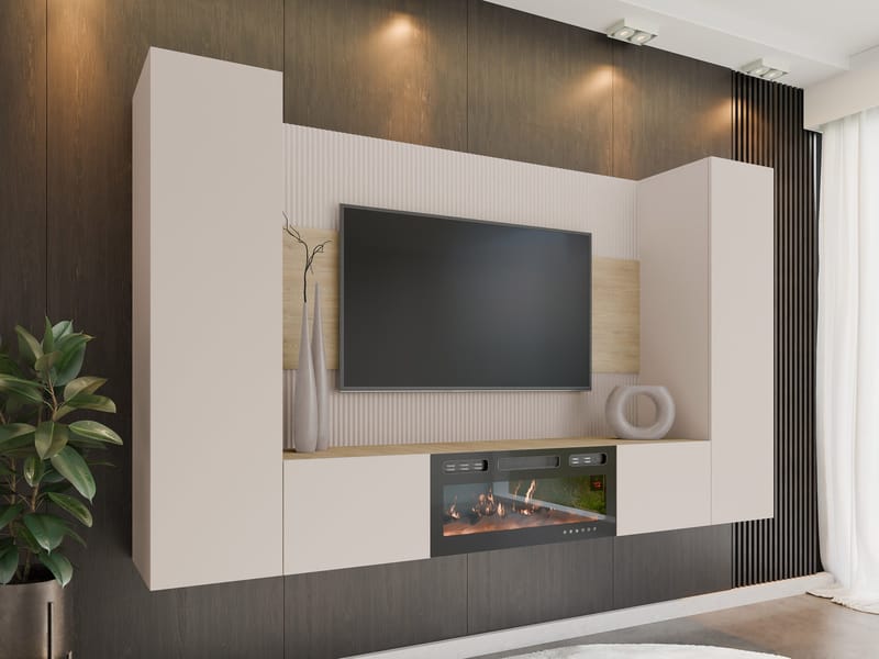 Bernice Tv-väggskåp 260 cm Elkamin med Värmefunktion och LED-belysning - beige, brun - Möbler - Tv möbel & mediamöbel - TV skåp