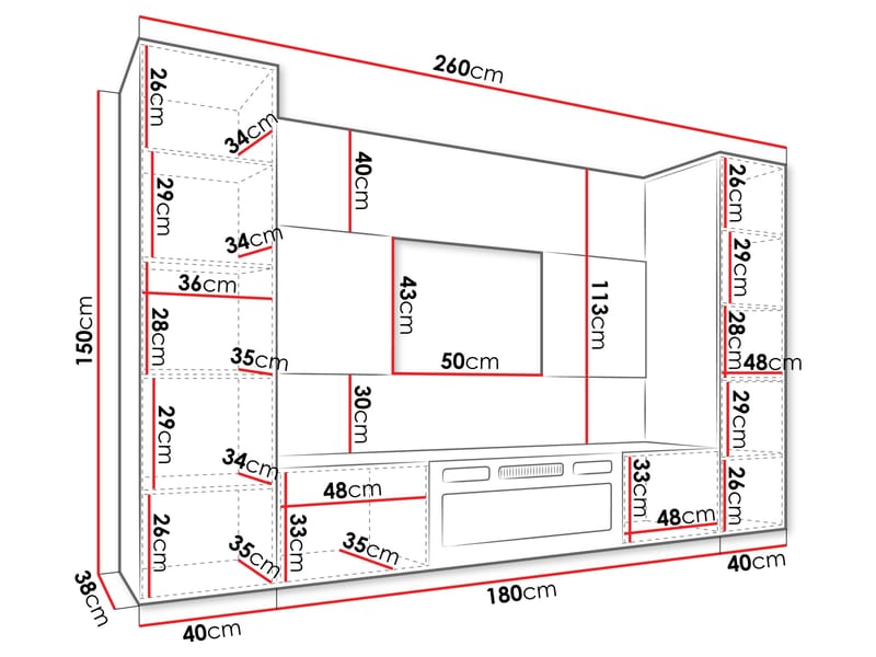 Bernice Tv-väggskåp 260 cm Elkamin med Värmefunktion och LED-belysning - beige, brun - Möbler - Tv möbel & mediamöbel - TV skåp