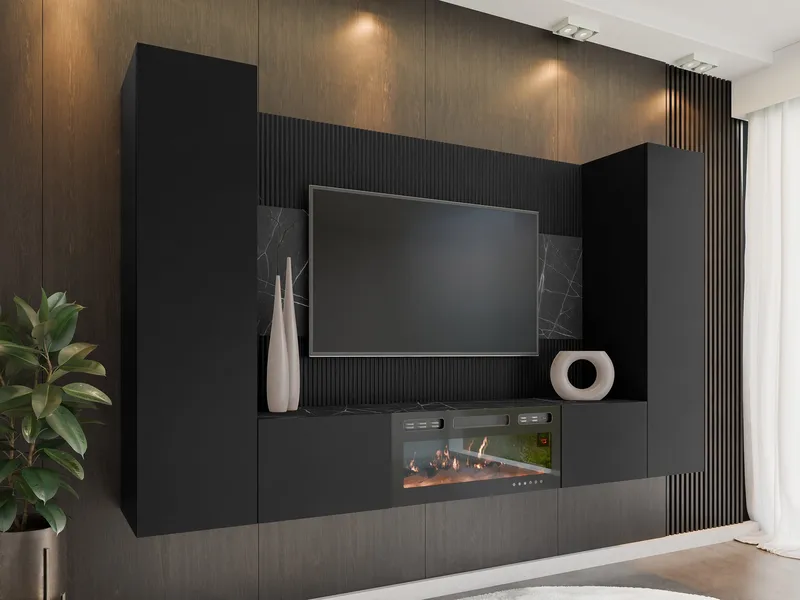 Bernice Tv-väggskåp 260 cm Elkamin med Värmefunktion och LED-belysning - svart - Möbler - Tv möbel & mediamöbel - TV skåp