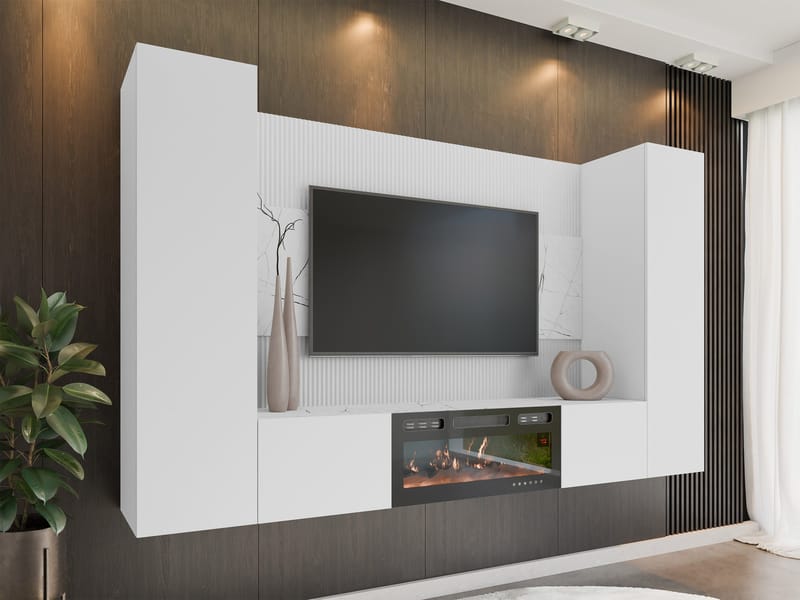 Bernice Tv-väggskåp 260 cm Elkamin med Värmefunktion och LED-belysning - vit - Möbler - Tv möbel & mediamöbel - TV skåp