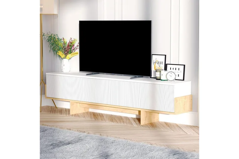 Brin Golvstående Tv Bänk 180 cm med Förvaring i Målat Trä - Vit - Möbler - Tv möbel & mediamöbel - TV bänk & mediabänk