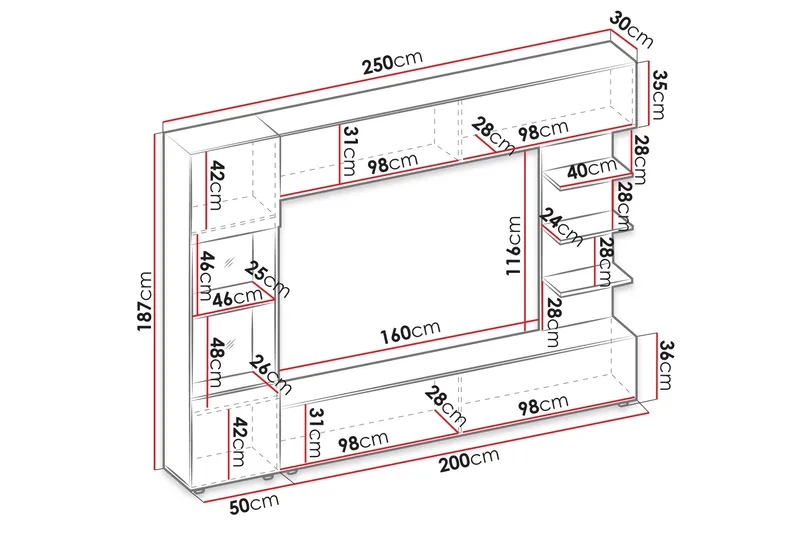 Bunda Tv-möbelset 250x30 cm - Grå/Vit - Möbler - Tv möbel & mediamöbel - TV-möbelset