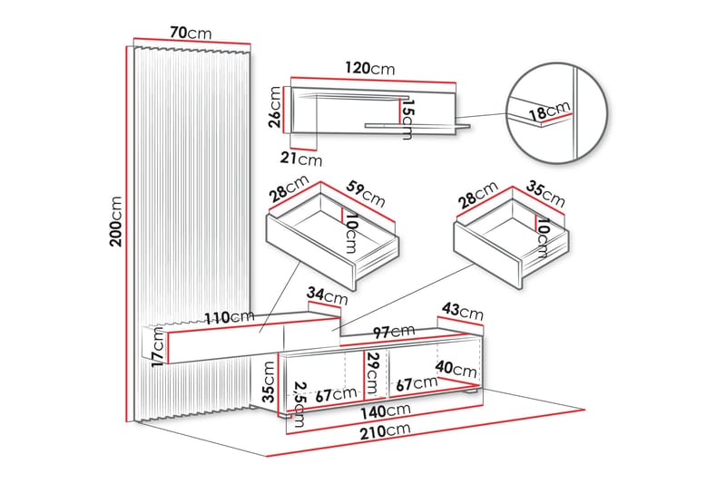 Bunkar Tv-möbelset 210x43 cm - Brun/Svart - Möbler - Tv möbel & mediamöbel - TV-möbelset