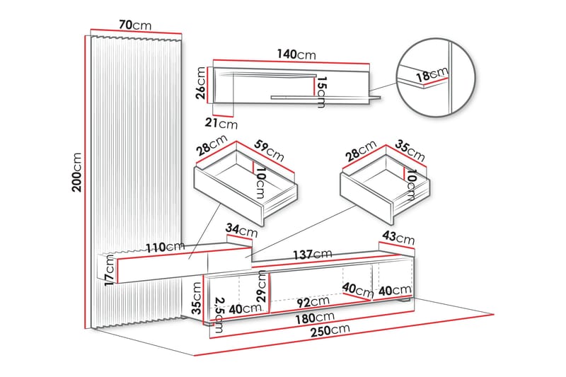 Bunkar Tv-möbelset 250x43 cm - Brun/Svart - Möbler - Tv möbel & mediamöbel - TV-möbelset