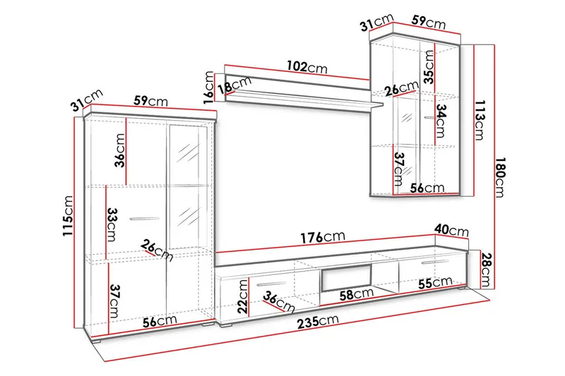 Bunta Tv-möbelset 235x40 cm - Vit - Möbler - Tv möbel & mediamöbel - TV-möbelset