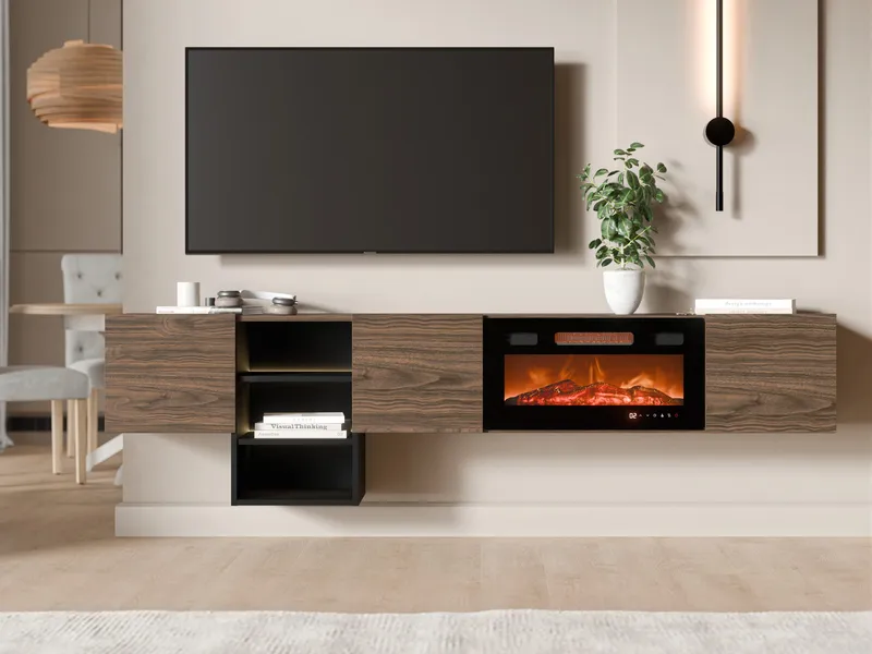 Cereth Tv-bänk 200 cm Eldstad med värmefunktion - Brun|svart - Möbler - Tv möbel & mediamöbel - TV bänk & mediabänk