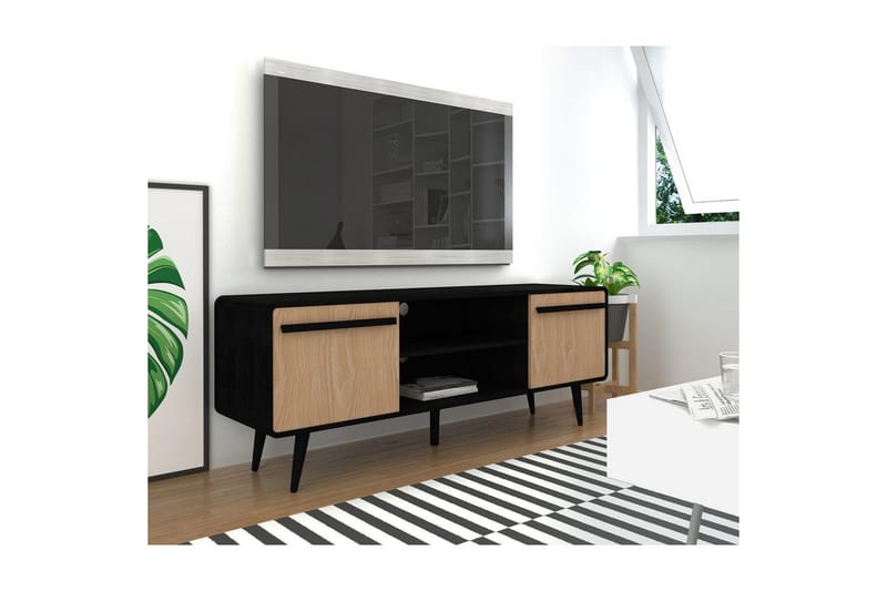 Chantal Golvstående Tv Bänk 140 cm med Förvaring i Ljust Trä - Svart - Möbler - Tv möbel & mediamöbel - TV bänk & mediabänk