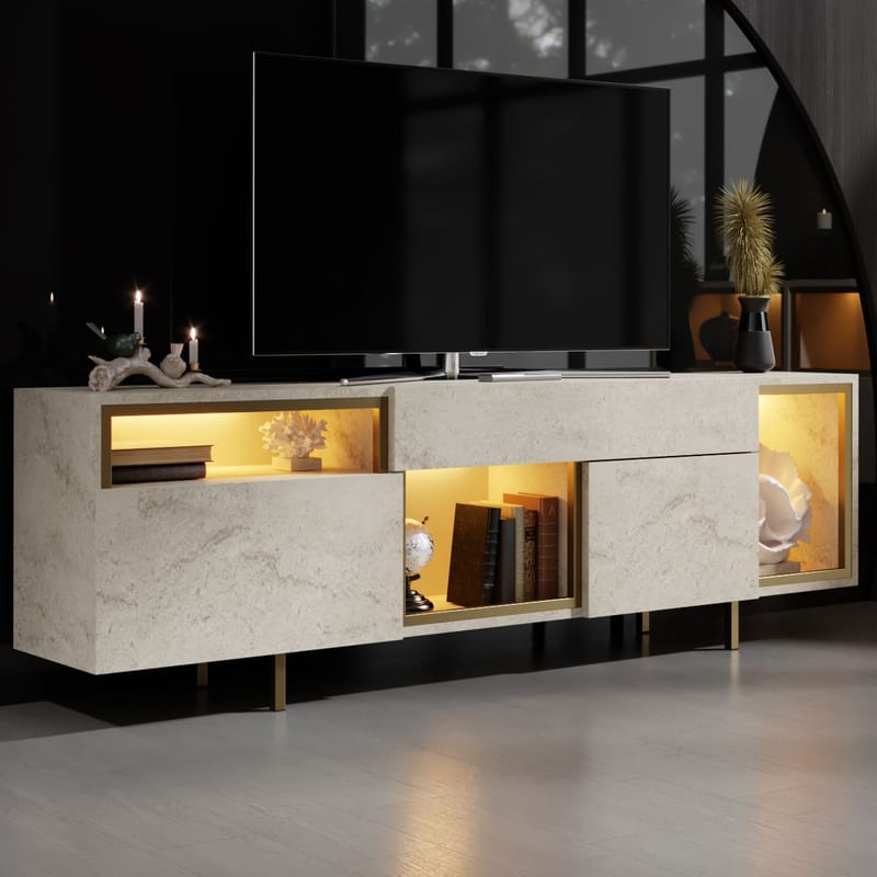 Denvar TV-bänk 180x55x32 cm - travertin och guld - Möbler - Tv möbel & mediamöbel - TV bänk & mediabänk