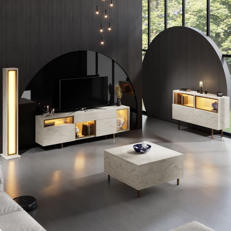 Denvar TV-bänk 180x55x32 cm - travertin och guld - Möbler - Tv möbel & mediamöbel - TV bänk & mediabänk