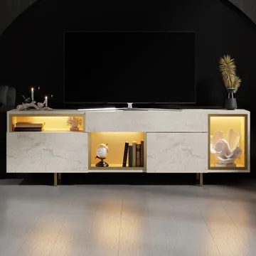 Denvar TV-bänk 180x55x32 cm - travertin och guld - Möbler - Tv möbel & mediamöbel - TV bänk & mediabänk