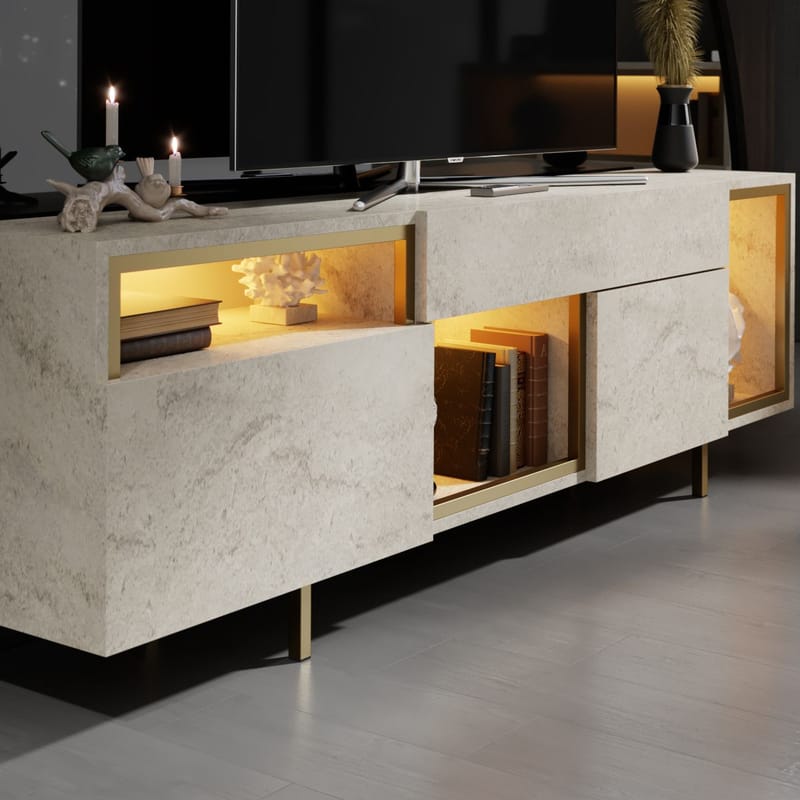 Denvar TV-bänk 180x55x32 cm - travertin och guld - Möbler - Tv möbel & mediamöbel - TV bänk & mediabänk