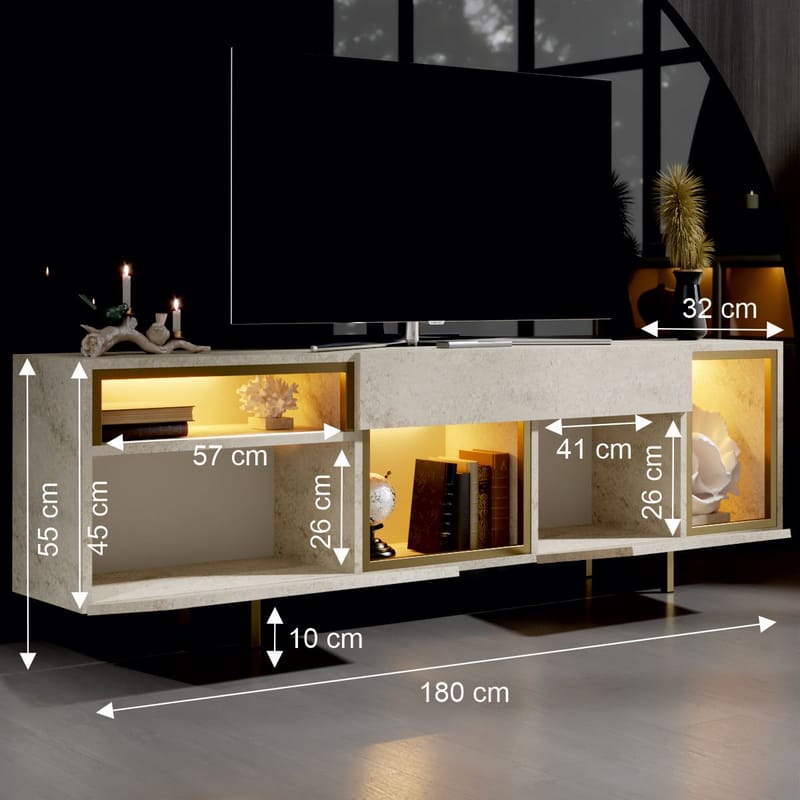 Denvar TV-bänk 180x55x32 cm - travertin och guld - Möbler - Tv möbel & mediamöbel - TV bänk & mediabänk