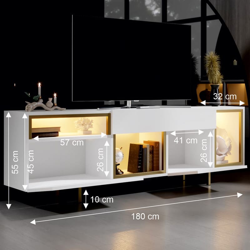 Denvar TV-bänk 180x55x32 cm - vit och guld - Möbler - Tv möbel & mediamöbel - TV bänk & mediabänk