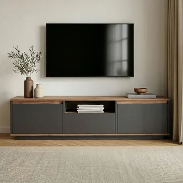 Domar TV-bänk 160 cm med Förvaring, Trä- och Furuutseende - Antracit - Möbler - Tv möbel & mediamöbel - TV bänk & mediabänk