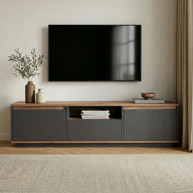 Domar TV-bänk 160 cm med Förvaring, Trä- och Furuutseende - Antracit - Möbler - Tv möbel & mediamöbel - TV bänk & mediabänk