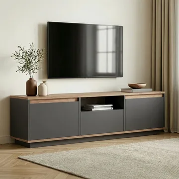 Domar TV-bänk 160 cm med Förvaring, Trä- och Furuutseende - Antracit - Möbler - Tv möbel & mediamöbel - TV bänk & mediabänk