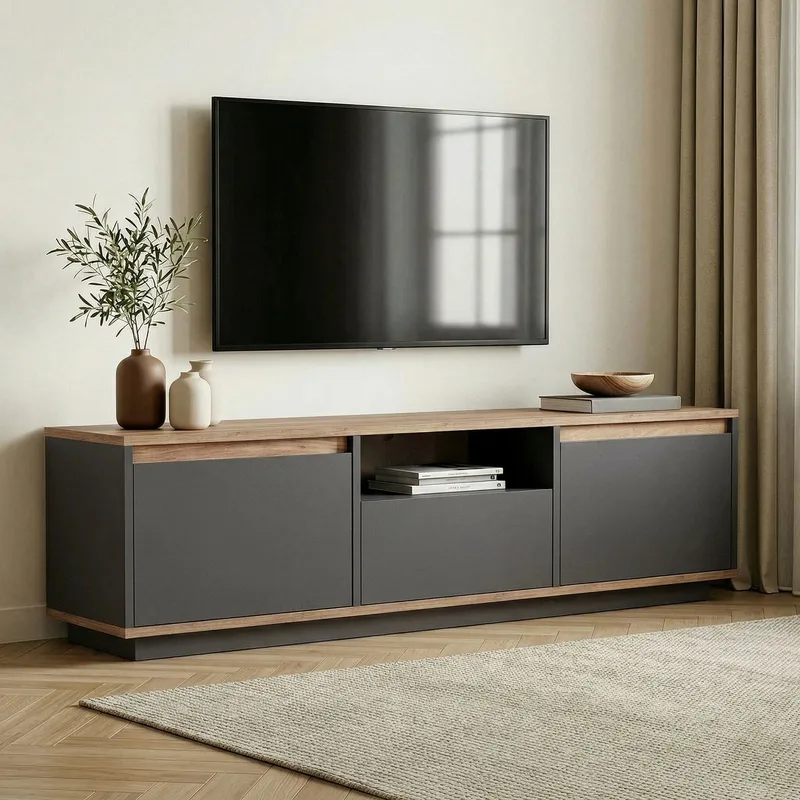 Domar TV-bänk 160 cm med Förvaring, Trä- och Furuutseende - Antracit - Möbler - Tv möbel & mediamöbel - TV bänk & mediabänk
