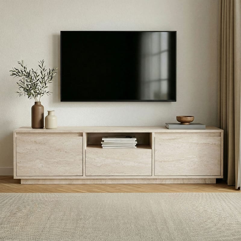 Domar TV-bänk 160 cm med Förvaring och Travertinutseende - Beige - Möbler - Tv möbel & mediamöbel - TV bänk & mediabänk