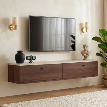 Dovren TV-bänk 140x25x25 cm - Travertin och valnöt - Möbler - Tv möbel & mediamöbel - TV hylla