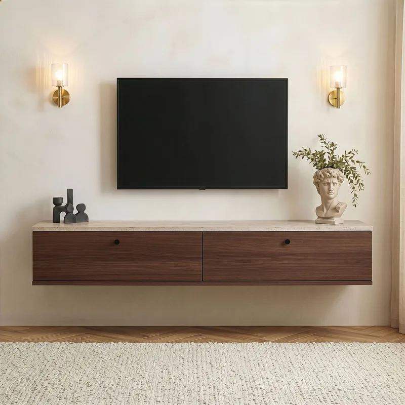 Dovren TV-bänk 160x25x25 cm - Travertin och valnöt - Möbler - Tv möbel & mediamöbel - TV hylla