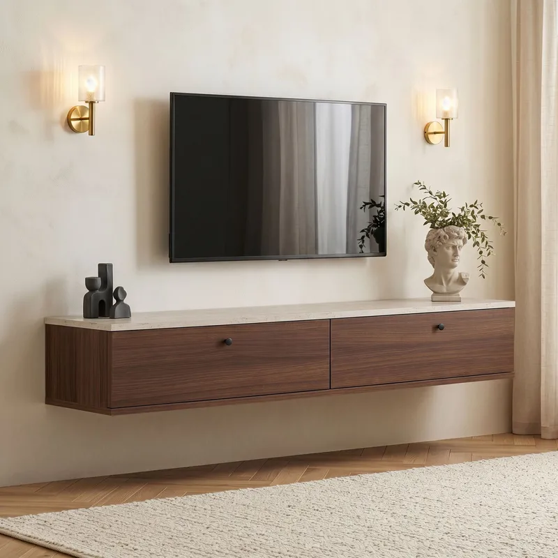 Dovren TV-bänk 160x25x25 cm - Travertin och valnöt - Möbler - Tv möbel & mediamöbel - TV hylla
