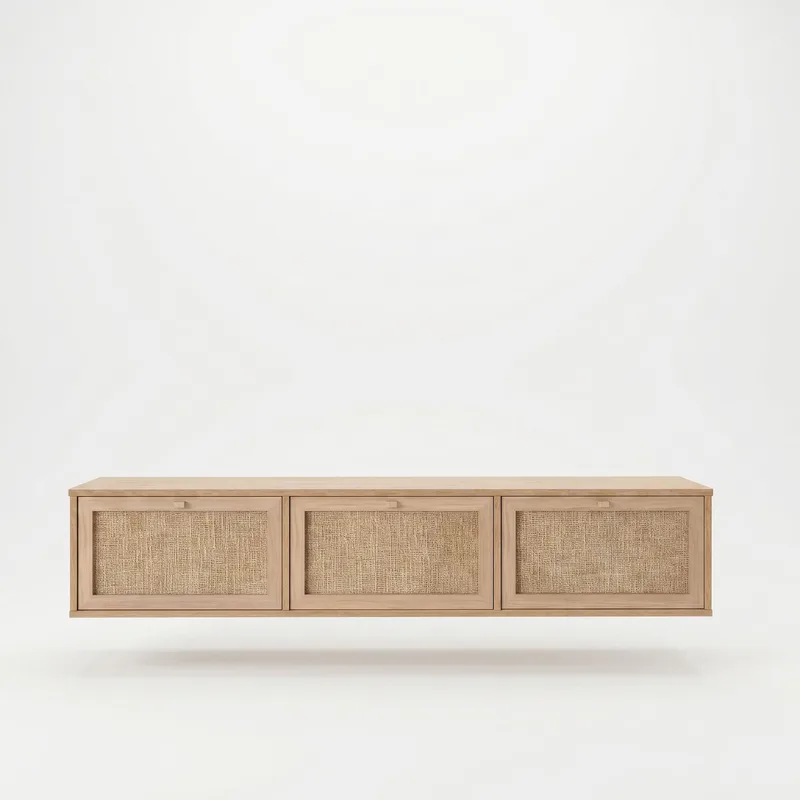 Dune Vägghängd TV Bänk 180 cm med Förvaring i Trä med Rottingdetaljer, Beige