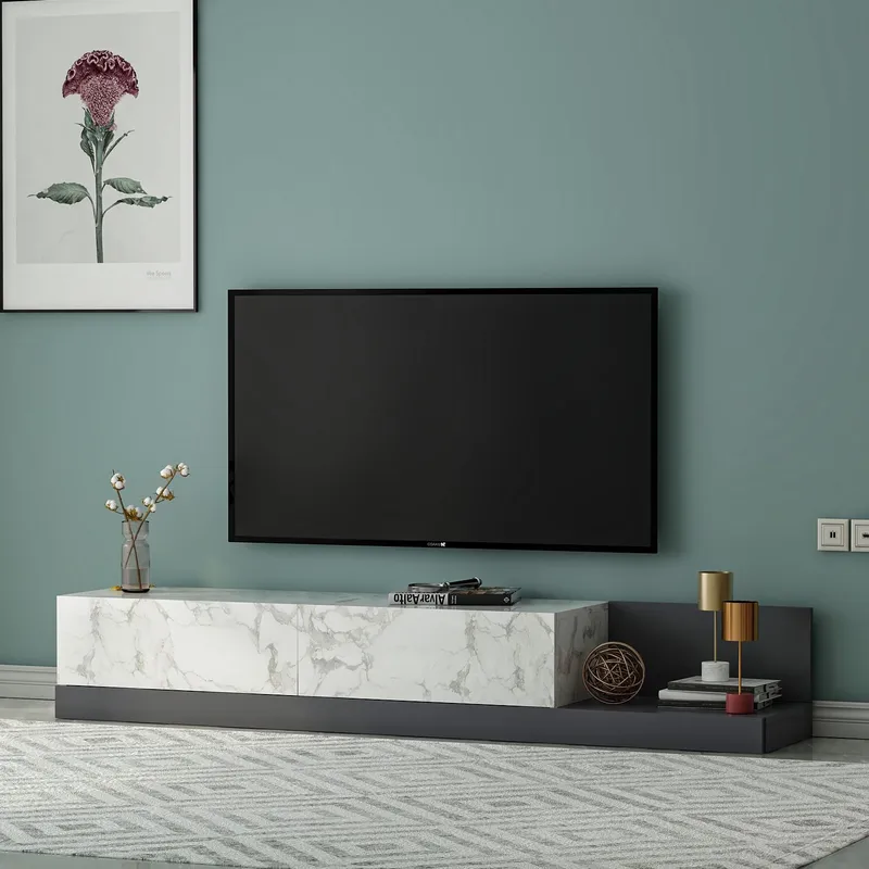 Ervold TV-bänk 180x30x37 cm - Marmo Marble och antracit - Möbler - Tv möbel & mediamöbel - TV bänk & mediabänk