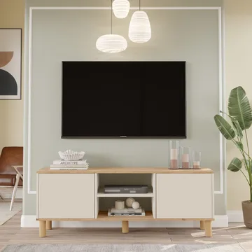 Fento Golvstående Tv Bänk 160 cm med Förvaring i Ek - Ljusbeige - Möbler - Tv möbel & mediamöbel - TV bänk & mediabänk