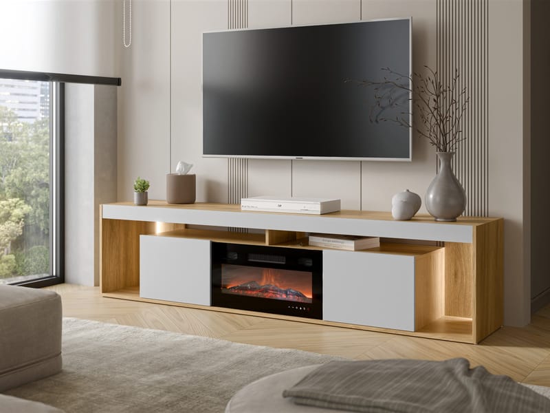 Fiorea Tv-bänk 200 cm med eldstad med värmefunktion - Brun och grå - Möbler - Tv möbel & mediamöbel - TV bänk & mediabänk