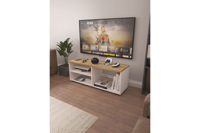 Hollowmere Tv-bänk 115 cm - Mediumfärgat trä/Vit - Möbler - Tv möbel & mediamöbel - TV bänk & mediabänk