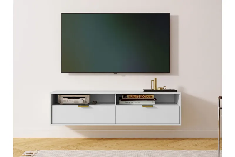 Kanon Vägghängd Tv Bänk 140 cm med Förvaring i Målat Trä - Vit - Möbler - Tv möbel & mediamöbel - TV bänk & mediabänk