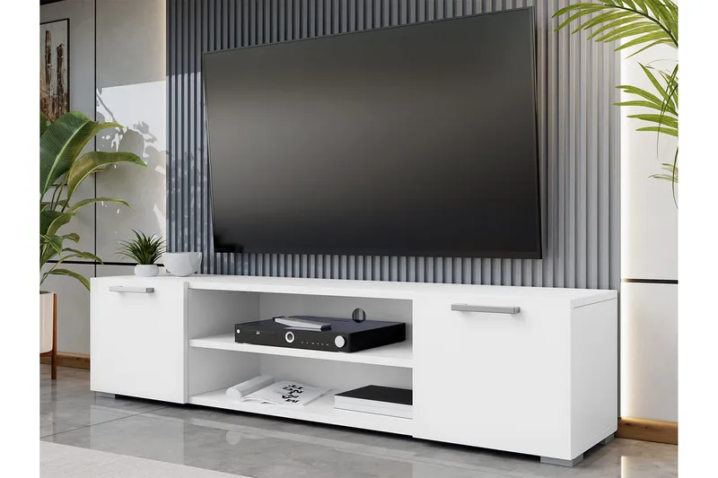 Lindesberg Golvstående Tv Bänk 156 cm med Förvaring i Målat Trä - Vit - Möbler - Tv möbel & mediamöbel - TV bänk & mediabänk