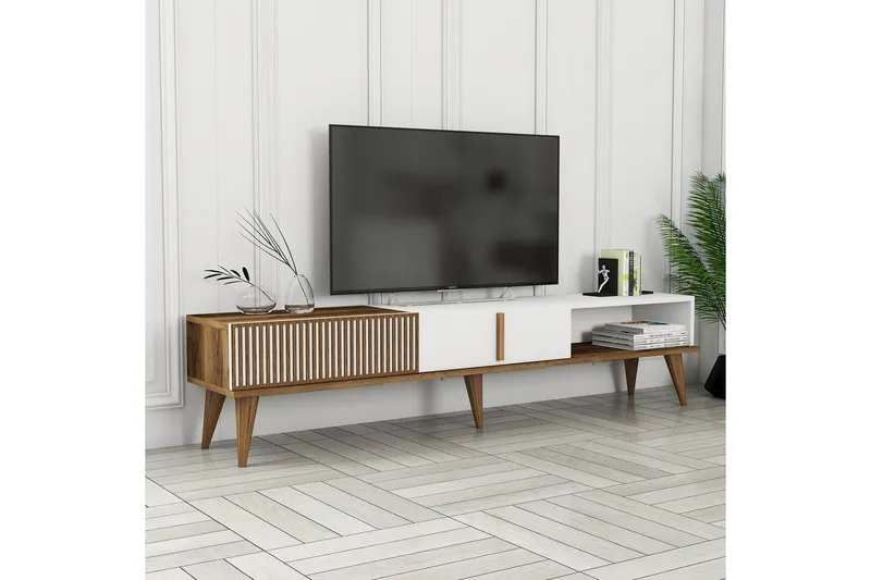 Lissione Golvstående Tv-bänk 180 cm med Förvaring i Trä och Valnötsutseende - Brun|Vit - Möbler - Tv möbel & mediamöbel - TV bänk & mediabänk