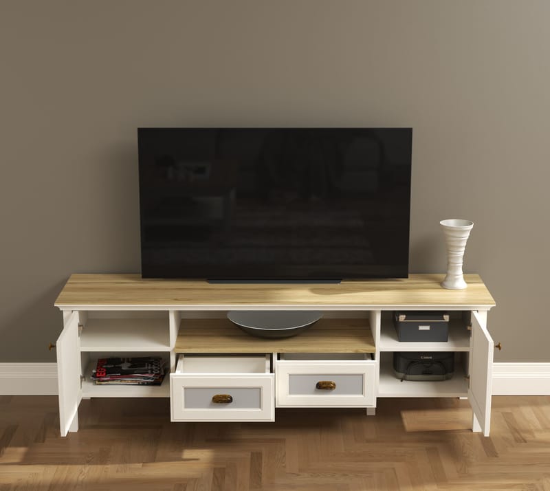 Lopira TV-bänk 180 cm - Crème, ek, grå - Möbler - Tv möbel & mediamöbel - Mediastativ & väggfäste