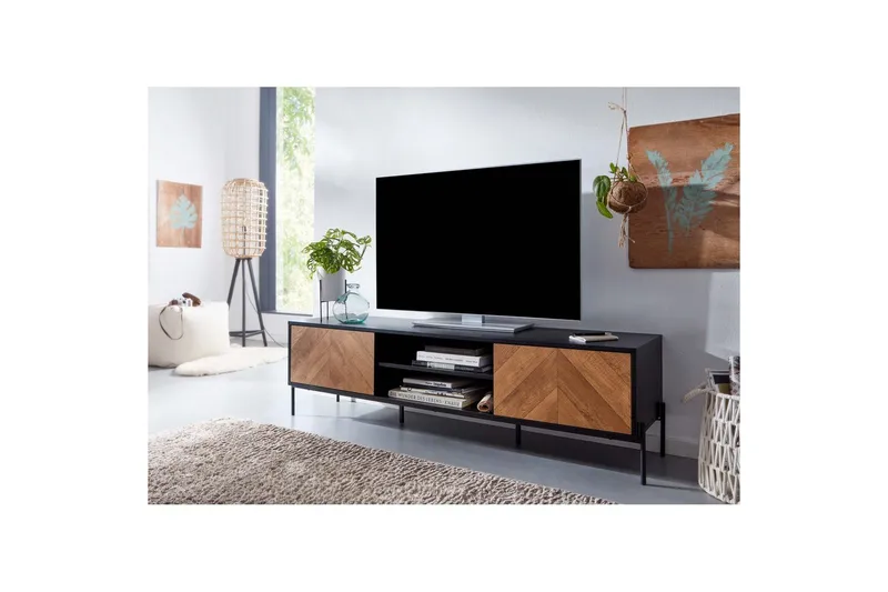 Lowboard Wohnling Ekfanerad med 2 dörrar Förvaringsbrickor Metallben Lantlig stil - Möbler - Tv möbel & mediamöbel - Mediastativ & väggfäste