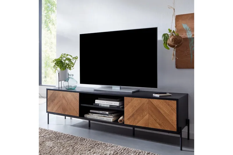 Lowboard Wohnling Ekfanerad med 2 dörrar Förvaringsbrickor Metallben Lantlig stil - Möbler - Tv möbel & mediamöbel - Mediastativ & väggfäste