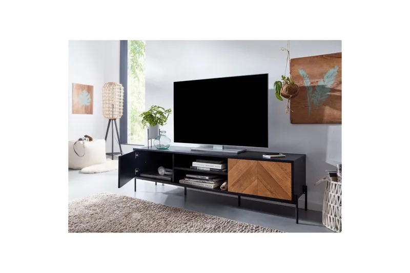 Lowboard Wohnling Ekfanerad med 2 dörrar Förvaringsbrickor Metallben Lantlig stil - Möbler - Tv möbel & mediamöbel - Mediastativ & väggfäste