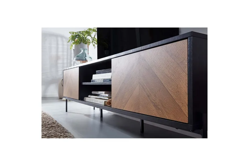 Lowboard Wohnling Ekfanerad med 2 dörrar Förvaringsbrickor Metallben Lantlig stil - Möbler - Tv möbel & mediamöbel - Mediastativ & väggfäste