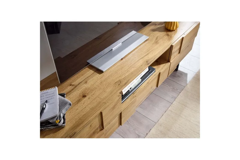 Lowboard Wohnling Ekfanerad med 2 dörrar Låda Metallben Lantlig stil - Möbler - Tv möbel & mediamöbel - TV skåp