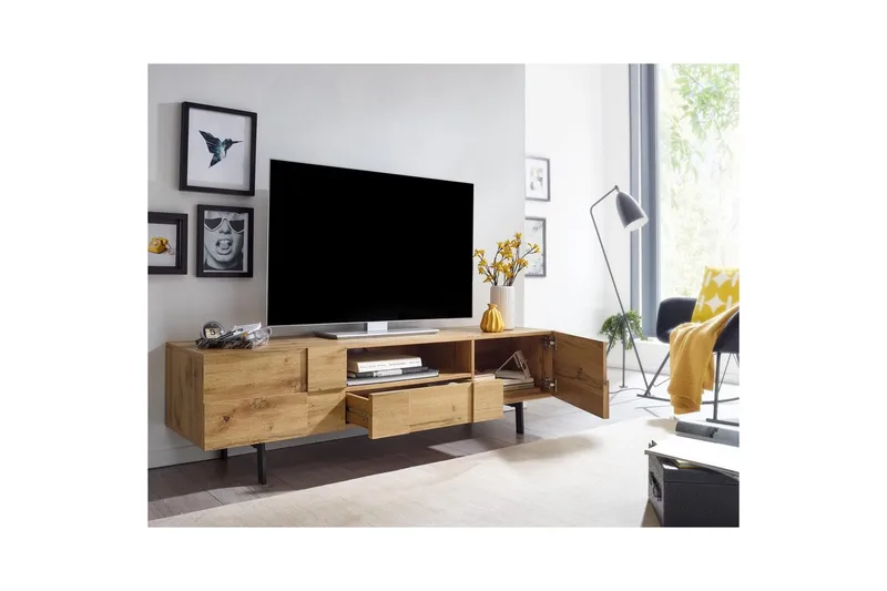 Lowboard Wohnling Ekfanerad med 2 dörrar Låda Metallben Lantlig stil - Möbler - Tv möbel & mediamöbel - TV skåp