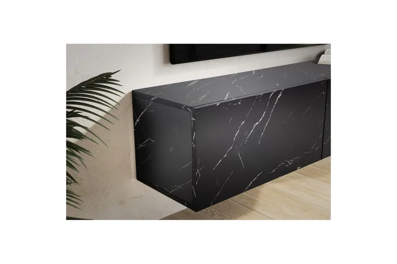 Lowboard Wohnling Folierad upphängning med luckdörr, modern Marmor, Svart, 120 cm - Marmor, Svart, 120 cm - Möbler - Tv möbel & mediamöbel - TV hylla
