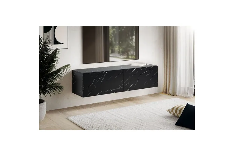Lowboard Wohnling Folierad upphängning med luckdörr, modern Marmor, Svart, 120 cm - Marmor, Svart, 120 cm - Möbler - Tv möbel & mediamöbel - TV hylla