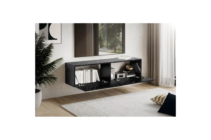 Lowboard Wohnling Folierad upphängning med luckdörr, modern Marmor, Svart, 120 cm - Marmor, Svart, 120 cm - Möbler - Tv möbel & mediamöbel - TV hylla