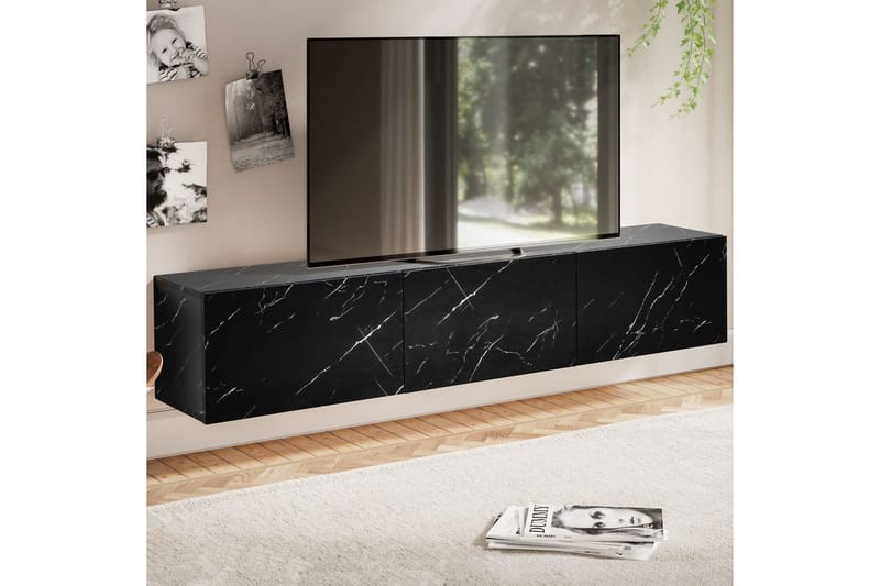 Lowboard Wohnling Folierad upphängning med luckdörr, modern Marmor, Svart, 160 cm - Marmor, Svart, 160 cm - Möbler - Tv möbel & mediamöbel - Mediastativ & väggfäste