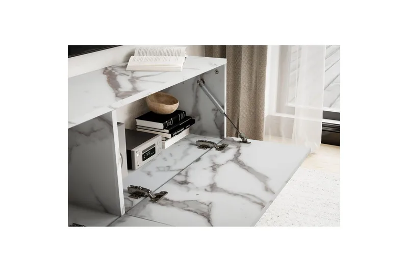 Lowboard Wohnling Folierad upphängning med luckdörr, modern Marmor, Vit, 120 cm - Marmor, Vit, 120 cm - Möbler - Tv möbel & mediamöbel - TV hylla