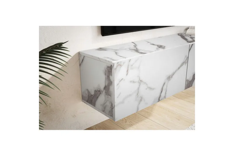 Lowboard Wohnling Folierad upphängning med luckdörr, modern Marmor, Vit, 120 cm - Marmor, Vit, 120 cm - Möbler - Tv möbel & mediamöbel - TV hylla