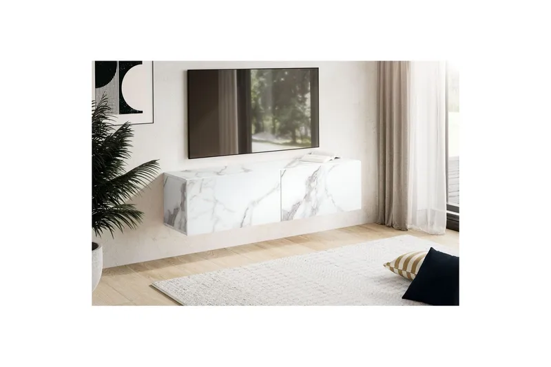 Lowboard Wohnling Folierad upphängning med luckdörr, modern Marmor, Vit, 120 cm - Marmor, Vit, 120 cm - Möbler - Tv möbel & mediamöbel - TV hylla