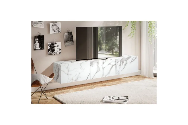 Lowboard Wohnling Folierad upphängning med luckdörr, modern Marmor, Vit, 160 cm - Marmor, Vit, 160 cm - Möbler - Tv möbel & mediamöbel - TV hylla